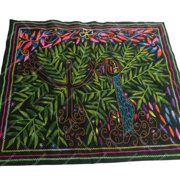 Hand Embroidered Shipibo Blanket Amazon Jungle Mermaid Design